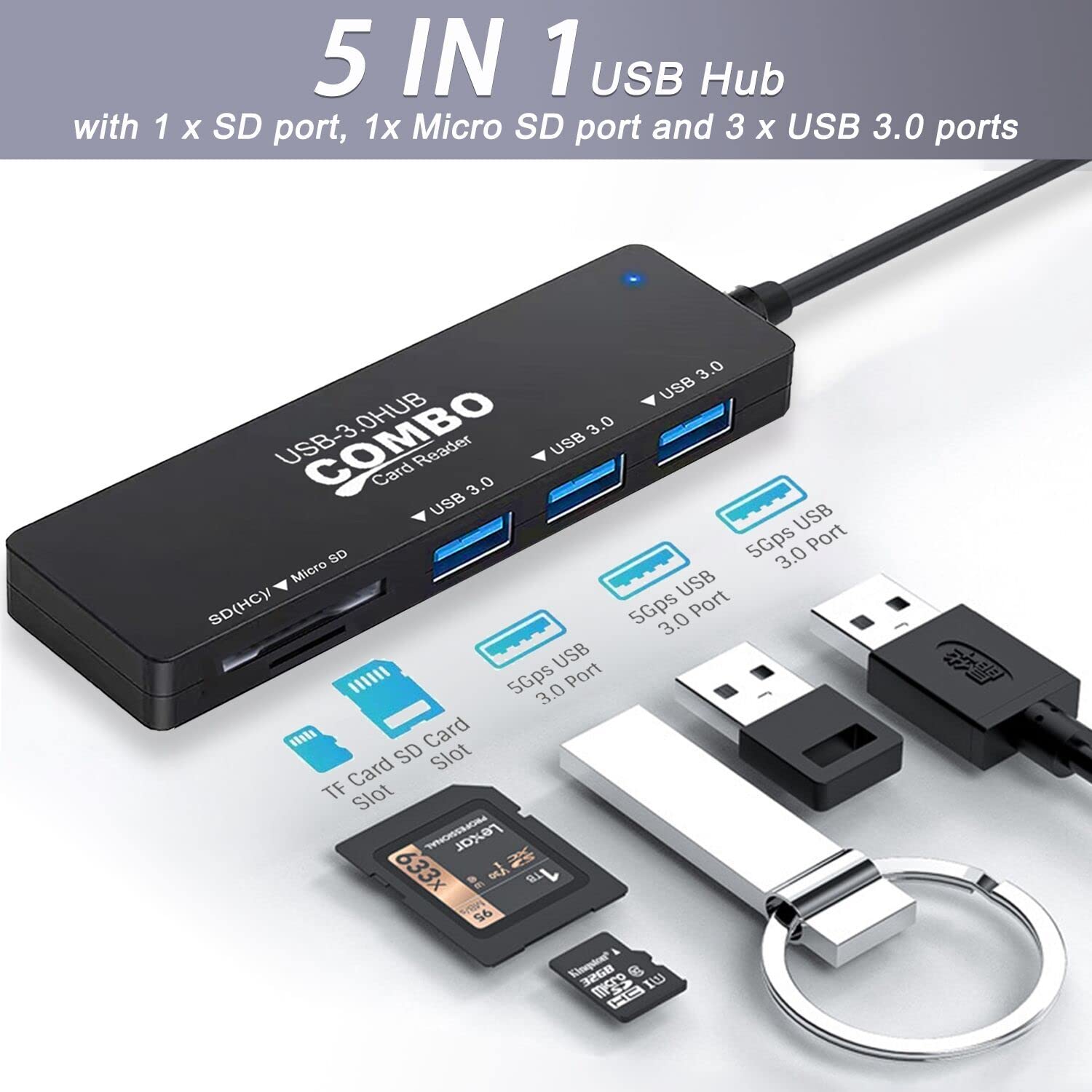 Vienon Usb 3.0 Hub With Sd/Tf Memory Card Reader And 3 Usb 3.0 Ports, 5 In 1 Usb Extender Usb Splitter Usb Port Hub For Pc, Lapt