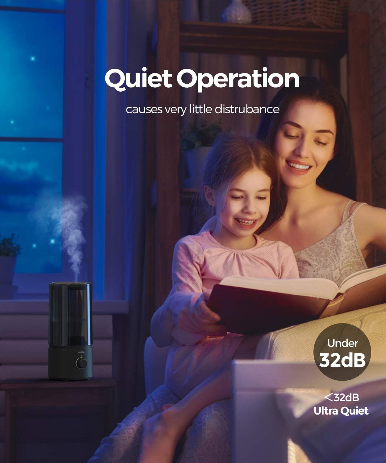 Humidifiers For Bedroom, Raydrop Cool Mist Humidifiers For Babies, 1.0L Quiet Ultrasonic Humidifier, Space Saving, Filterless, A