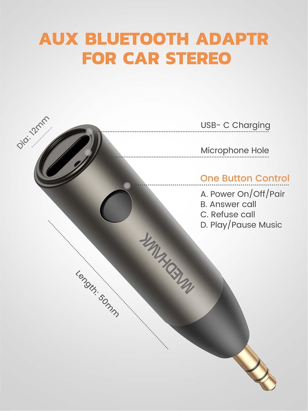 Maedhawk 5.3 Car Bluetooth Aux Adapter, [Stable Connection] 3.5Mm Bluetooth Adapter Wireless Audio Receiver For Car Home Stereo Wired Headphones Speaker, Hands Free Calls [Enhanced Mic], [1 Piece]