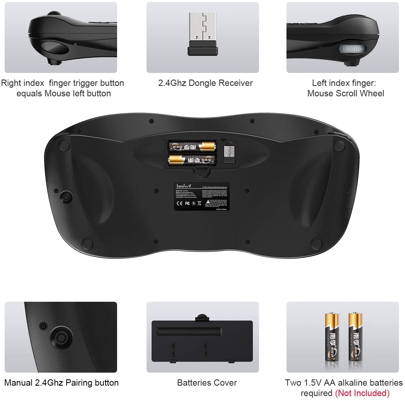 Wireless Keyboard With Trackball Mouse, 2.4G Handheld Multimedia Keyboard Built In Trackball, Scroll Wheel & Hotkeys For Htpc, T