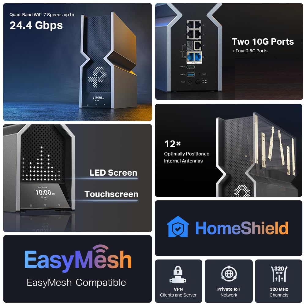 Tp Link Archer Be24000 Quad Band Wifi 7 Router (Archer Be900) With Dual 10 Gbps Multi Gig Ethernet Ports And Led Touch Screen,12