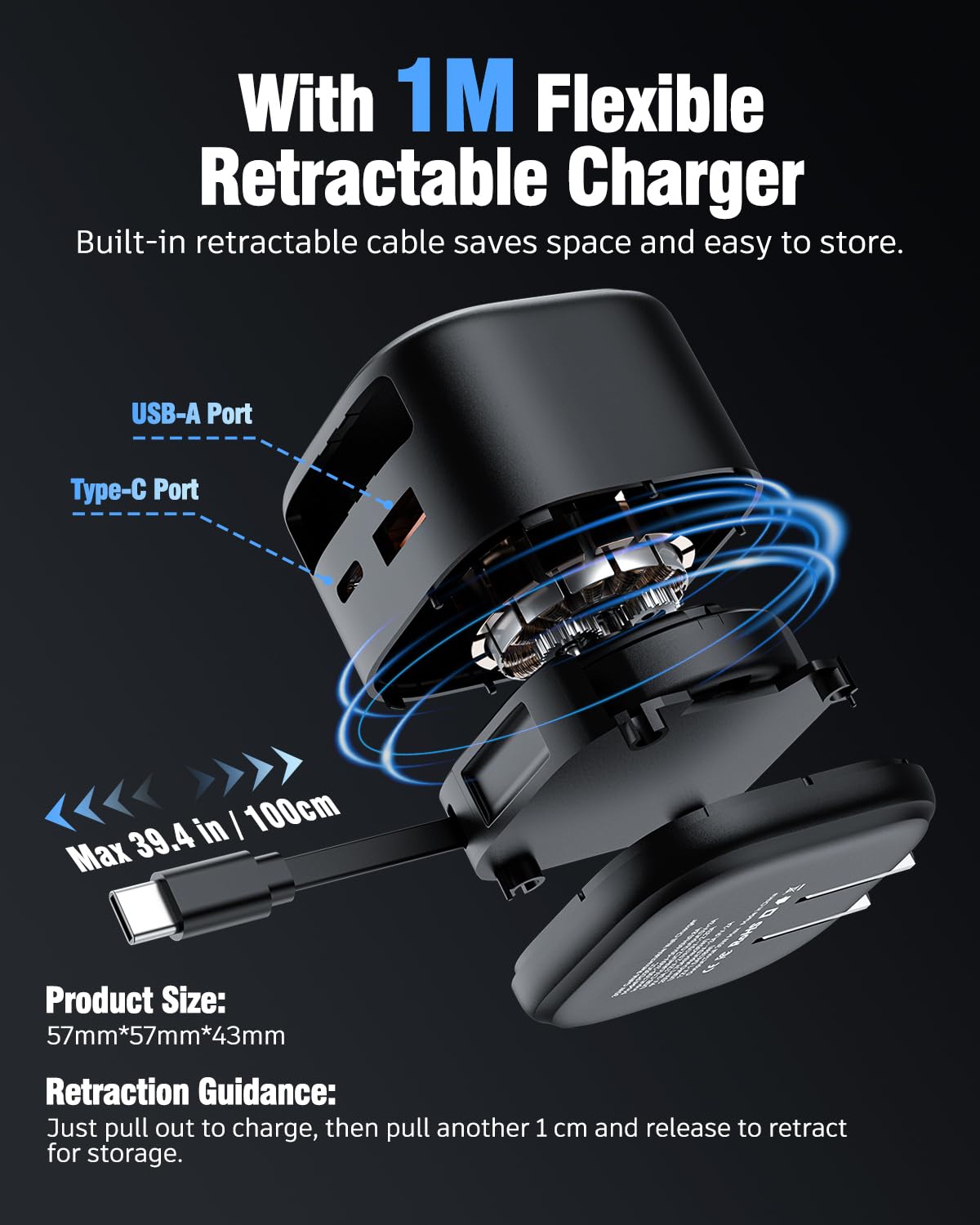 Dreambee Retractable Wall Charger, 3-Port Usb Charger With Retractable Type C Cable (39.4 Inch), 35W Fast Charging Travel Adapte