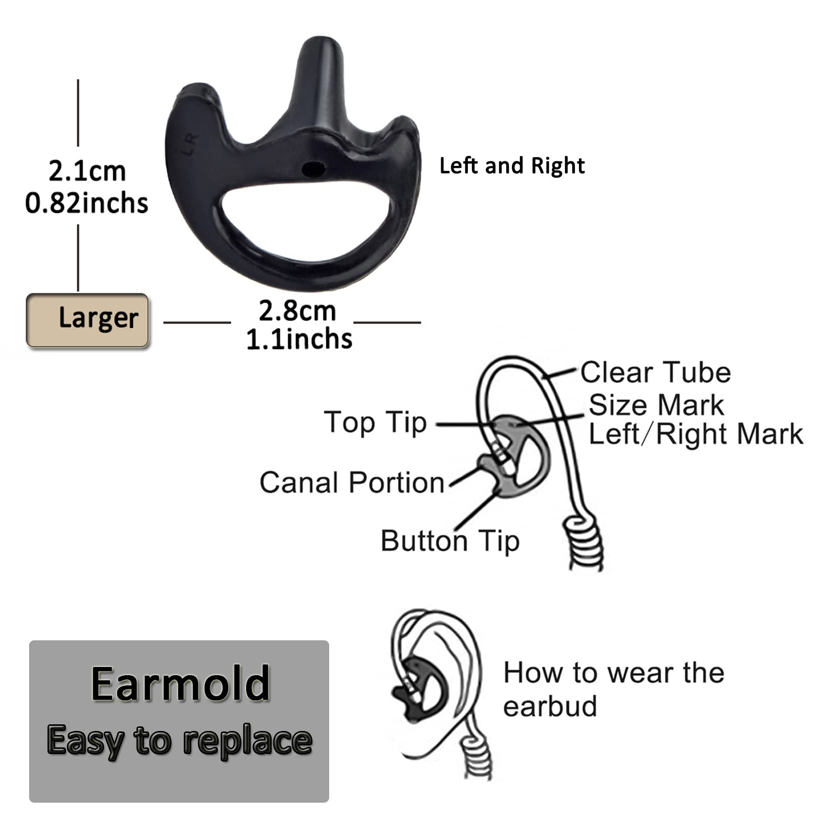 Hys Black Soft Larger Earmold Replacement Ear Pieces Flexible Open Ear Insert Ear Buds For Walkie Talkie Radio Transparent Air A
