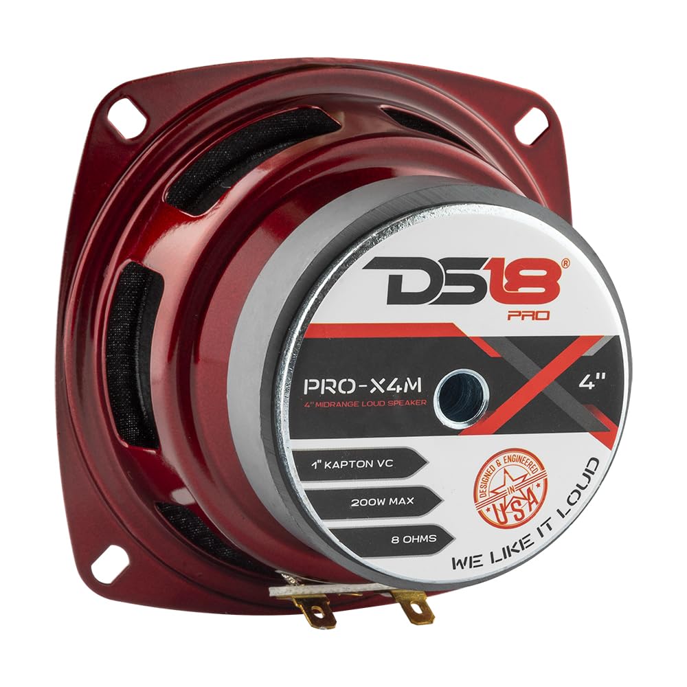 Ds18 Pro X4M Loudspeaker   4'', Midrange, Red Steel Basket, 200W Max, 100W Rms, 8 Ohms   Premium Quality Audio Door Speakers For