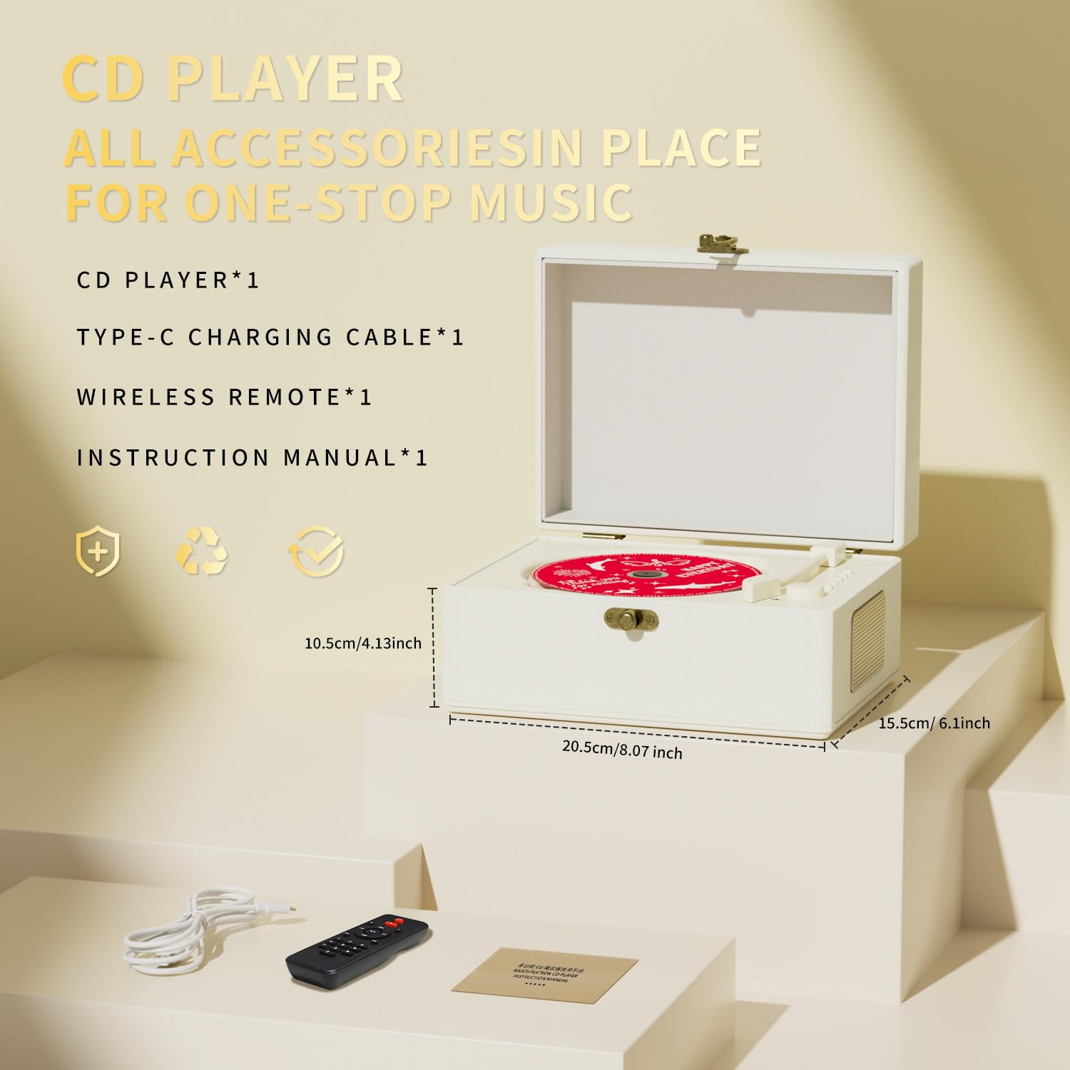 Yintiny Rechargeable Leather Cd Player With Speakers; Bluetooth Transmitter; Festival Gift; Bgm Player For Home Decor