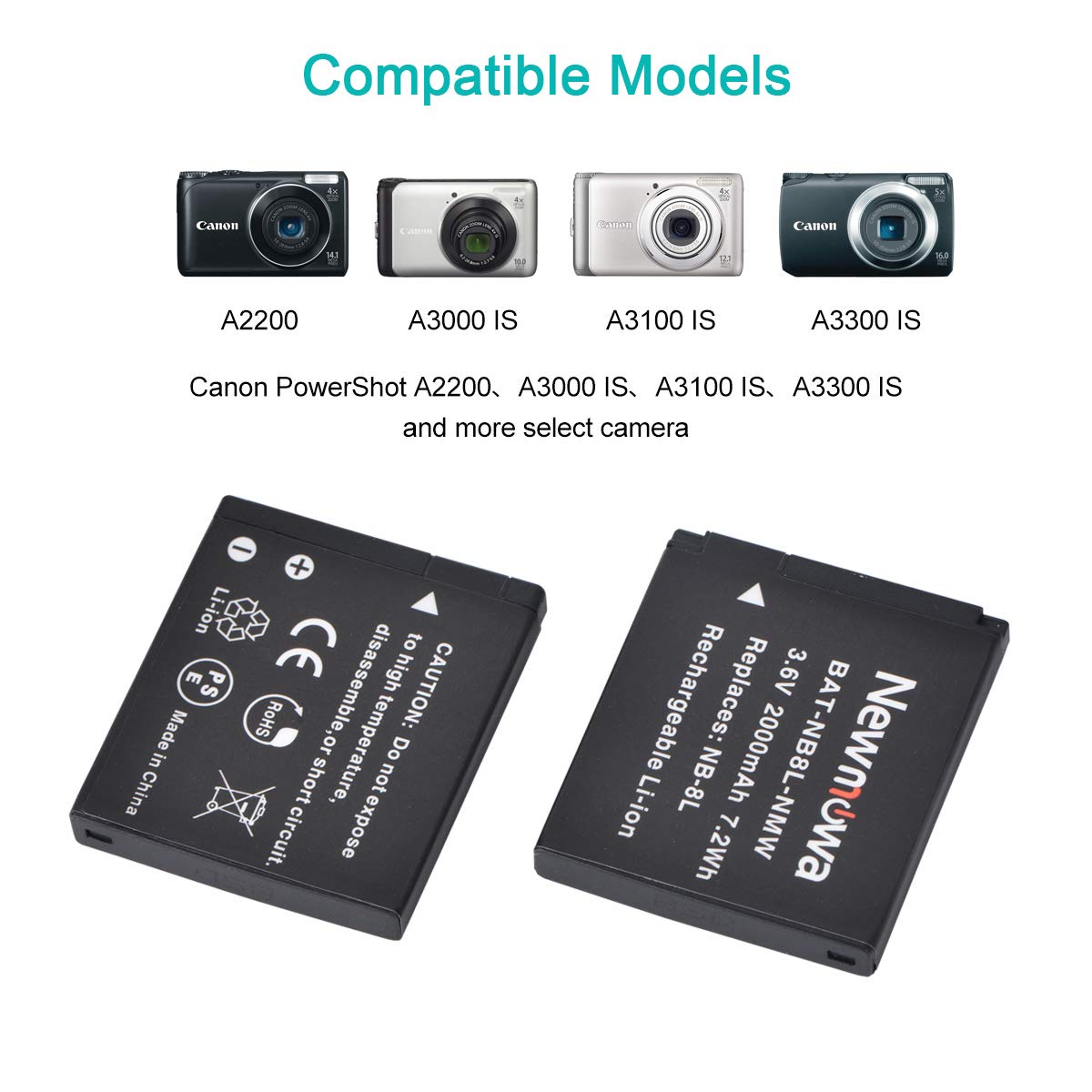 Newmowa NB 8L Replacement Battery (2 Pack) and Charger Kit for NB 8L,CB 2LA and PowerShot A2200, A3000 is, A3100 is, A3200 is, A3300 is