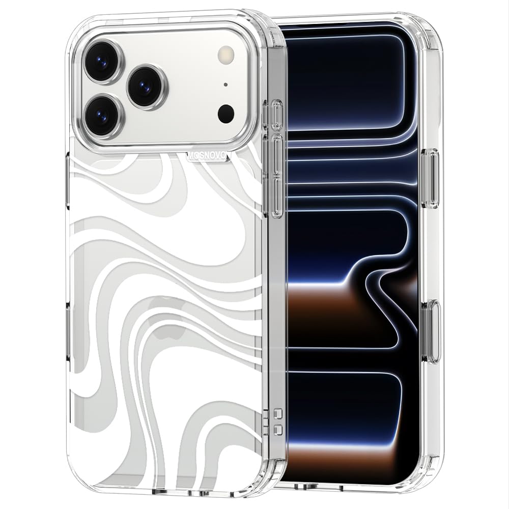 MOSNOVO for iPhone 17 Pro Max Case | Military Grade 6.6ft Drop Tested | Camera Control | Clear with White Swirl Design