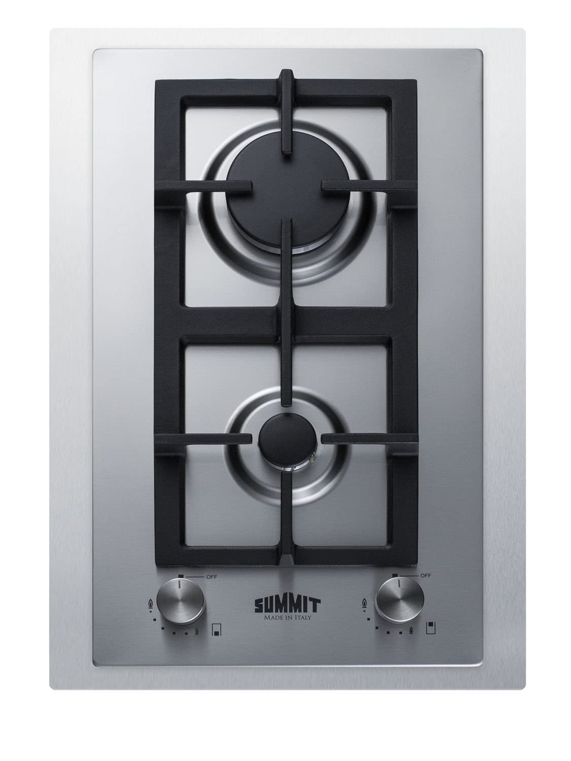 Summit 15 2 Burner Gas Cooktop, Stainless steel, Cast Iron, With Stainless Steel Trim Kit- GCJ2SSTK15