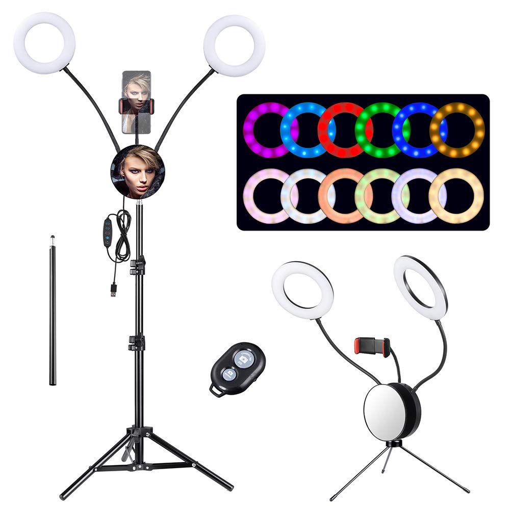 Aw 7Inch Rgb Dual Led Ring Light 12 Light Modes 3200 6500K Remote Control With Tripod Stand Mirror Phone Holder Easy Setup For L
