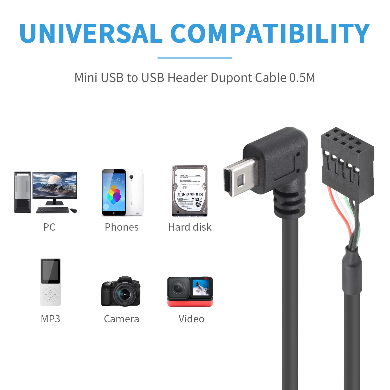 Duttek 1.65Ft/50Cm Mini Usb Male To 9 Pin Motherboard Female Adapter Cable, 2 Pack, High Speed, Black, Indoor Use, Compatible Wi