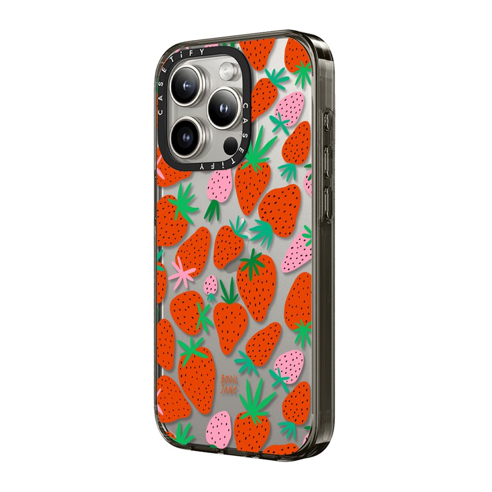 Casetify Compact Case For Iphone 15 Pro [2X Military Grade Drop Tested / 4Ft Drop Protection]   Strawberries   Clear Black