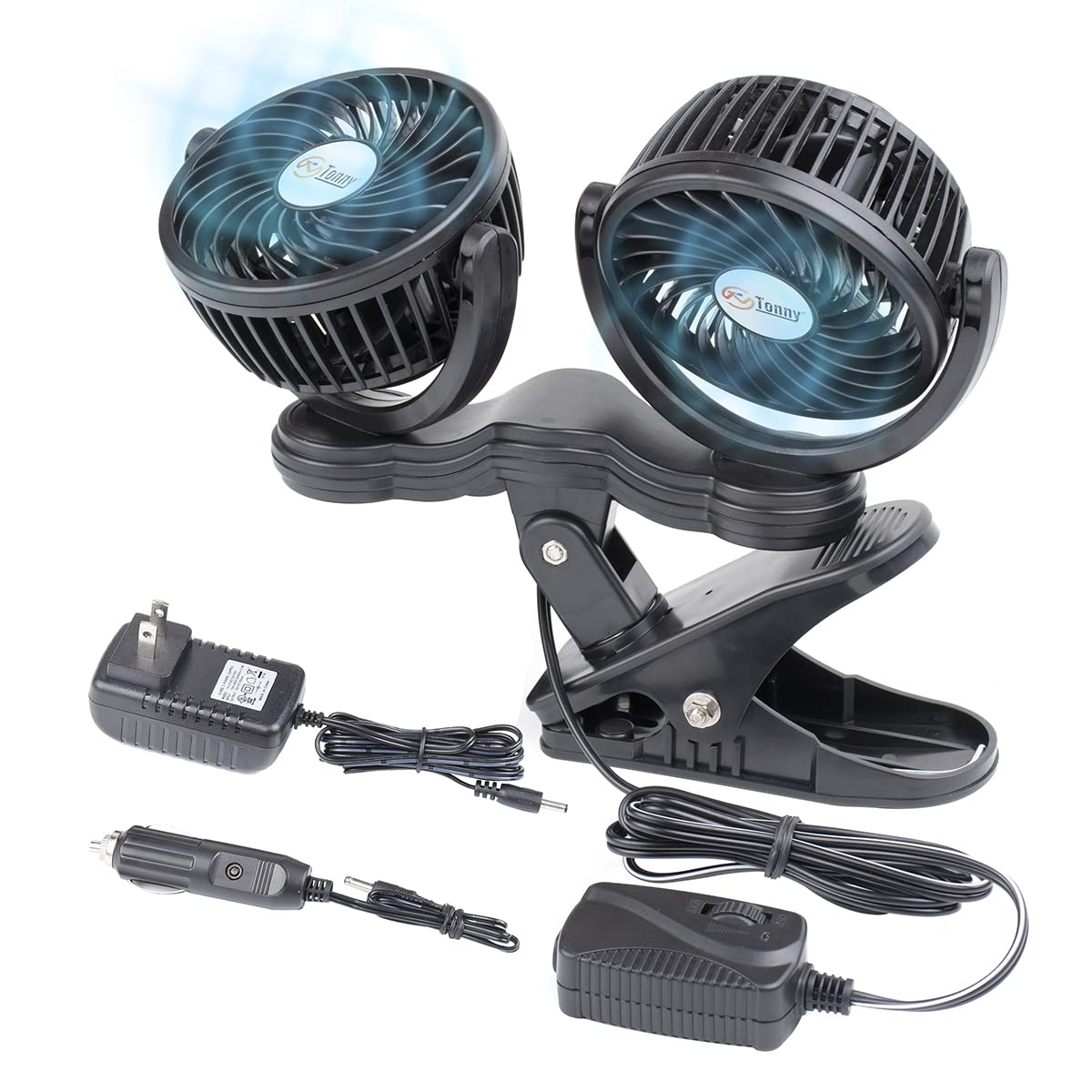 Brushless Motor Dual Head Clip Fan, Dc 12V Ac 110V 4 Inch Clip On Fan For Car And Home, 7 Blades Air Cooling Dual Head Fan With