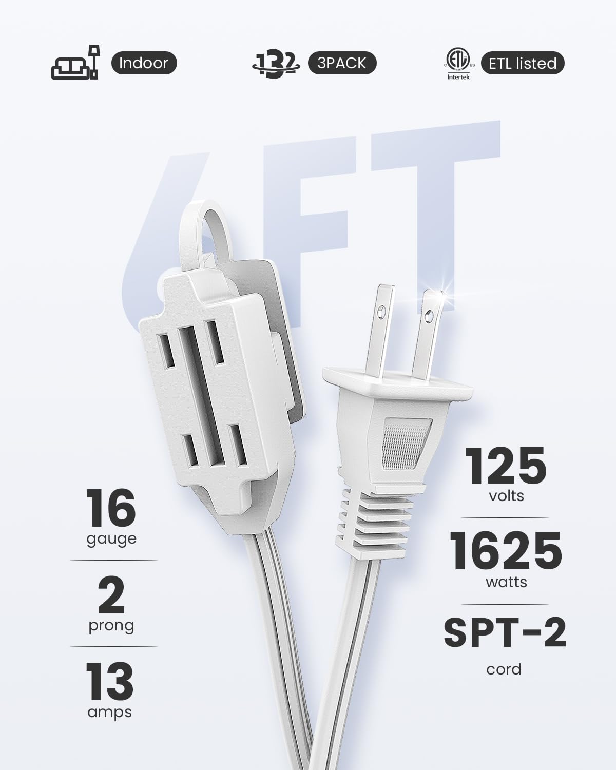 Plugtul Indoor Extension Cord 6 Ft, 2 Prong White Extension Cord, 3 Polarized Outlets With Safety Cap Protect For Home Office, 1