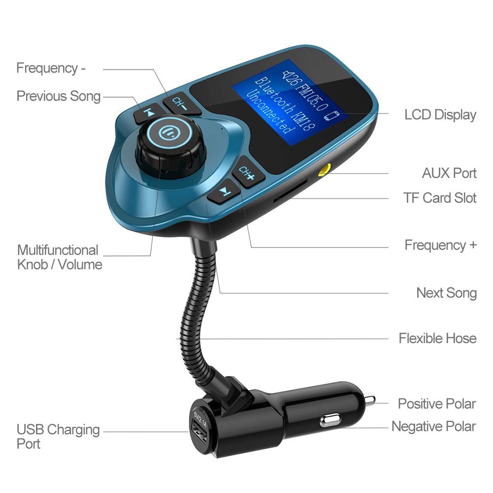 Nulaxy Bluetooth Car Fm Transmitter Audio Adapter Receiver Wireless Handsfree Voltmeter Car Kit Tf Card Aux 1.44 Display � Km18 Peacock Blue