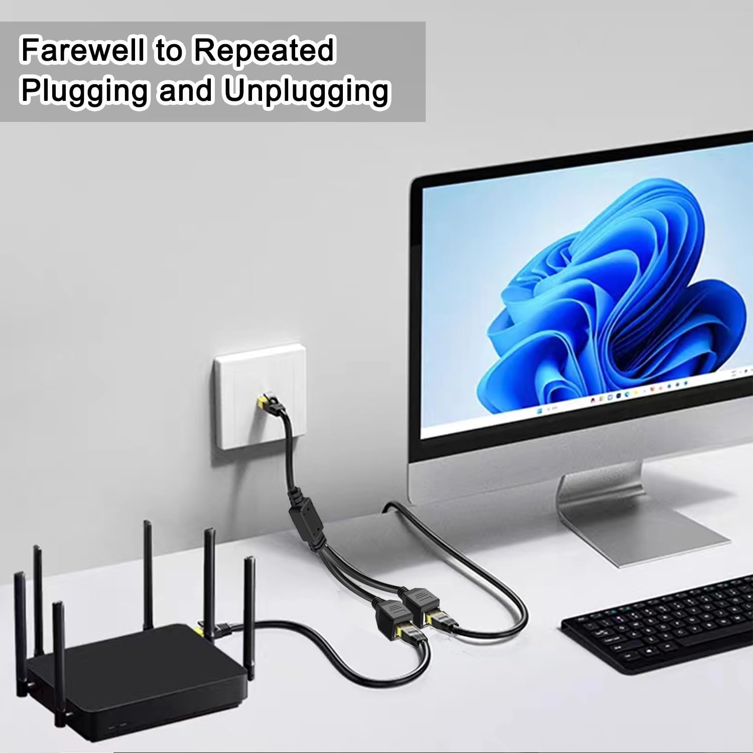 Tiedxioy 1 To 2 Gigabit Ethernet Splitter, 1Ft Black Cat5E Cable, Compatible With Personal Computer