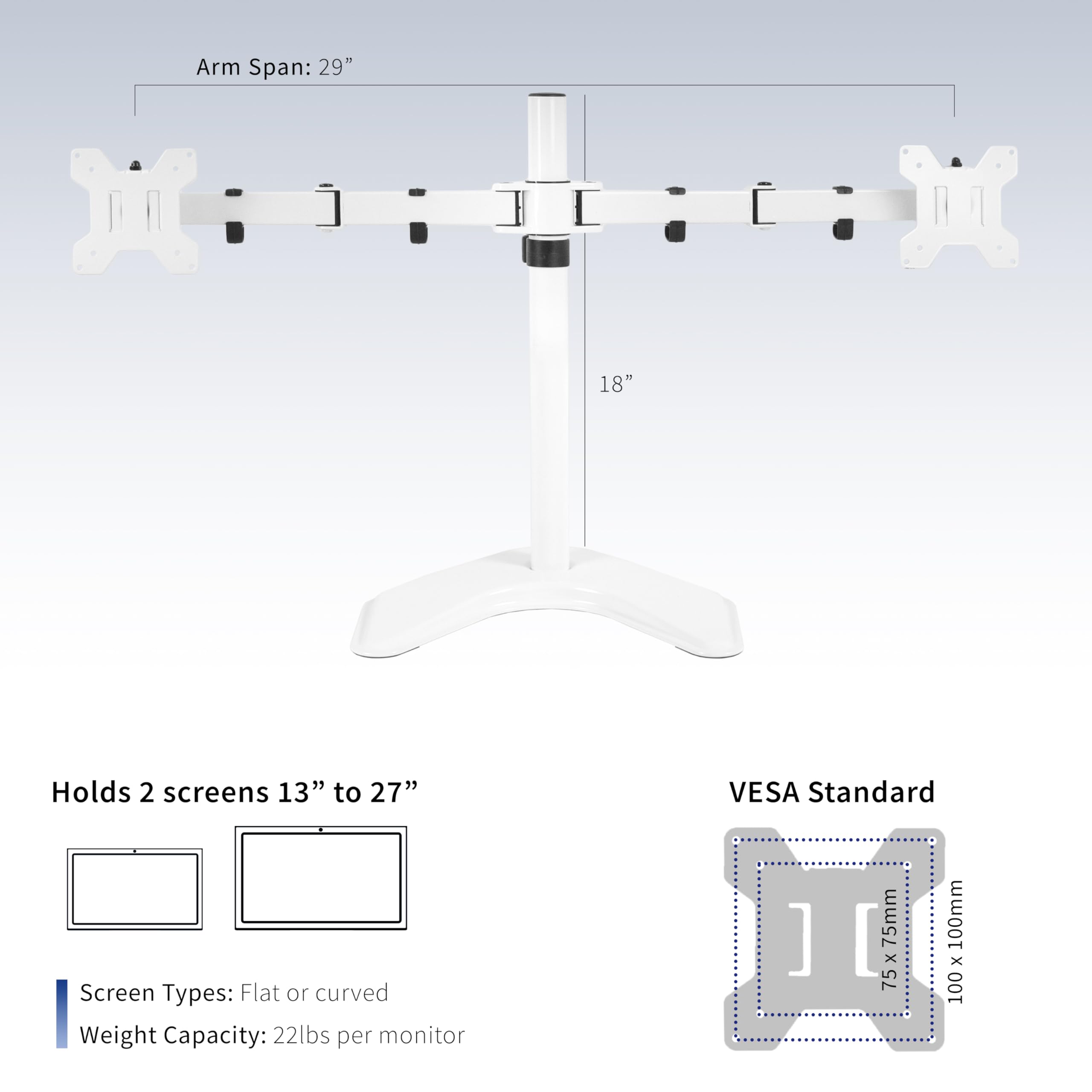 VIVO Dual LED LCD Monitor Mount, Free Standing Desk Stand for 2 Screens up to 27 Inch, Fully Adjustable Arms with Max VESA 100x100mm, Extra Large Base, White, STAND V002FW