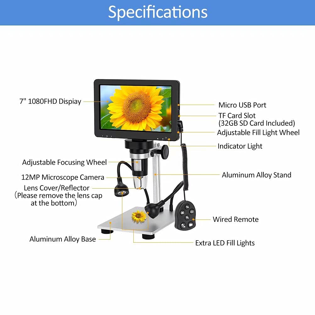 7'' Lcd Digital Microscope 1200X 12Mp Coin Microscope For Adults Video Camera With 10 Led Fill Lights Pcb Soldering Kids, Metal
