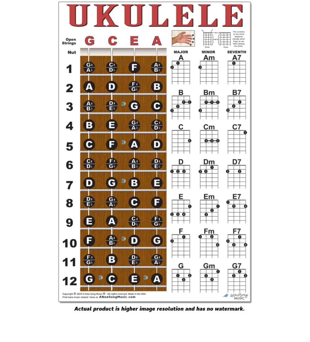 Ukulele Fretboard Notes & Chord Chart Instructional Poster Gcea Tuning Easy Uke Chords Soprano Concert Tenor A New Song Music 11