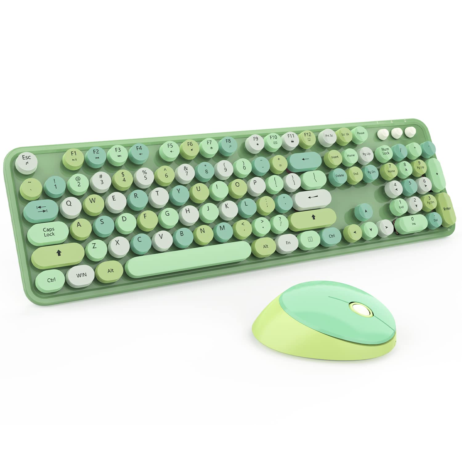Green Wireless Keyboard And Mouse, Kootop Cute Green Colorful Keyboard And Mouse, 2.4G Wireless Keyboard With Retro Round Keycap