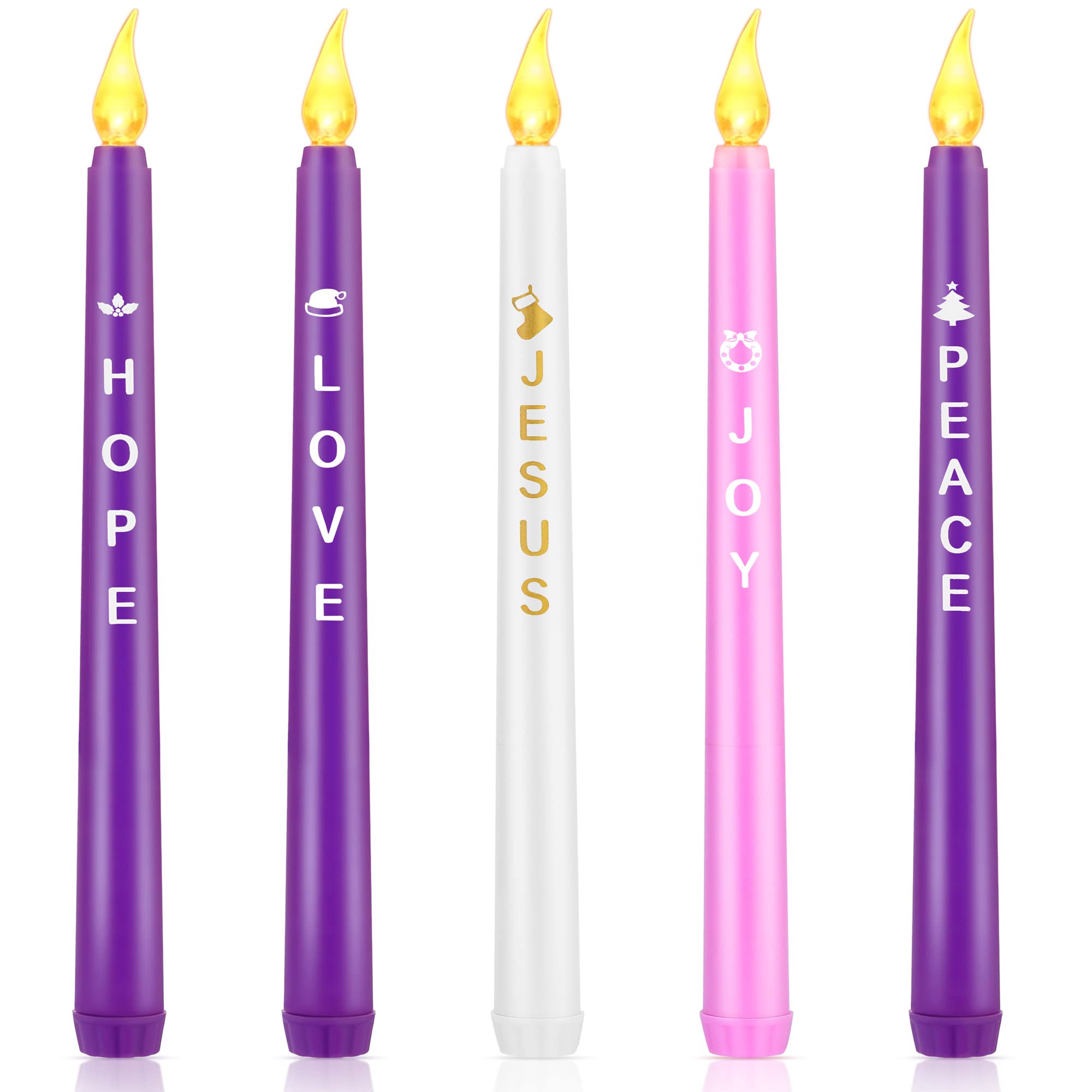 Fovths 5 Pack LED Advent Candles With Words Hope Peace Love Joy Jesus - Flameless Taper Candles for Christmas Wreath Celebration