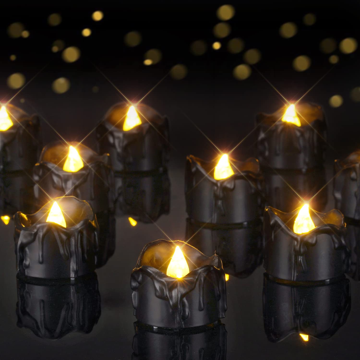 Homemory 24 Pack Melting Black Candles Battery Operated Tea Lights, Halloween Flameless Flickering Candles, Ideal For Holiday De