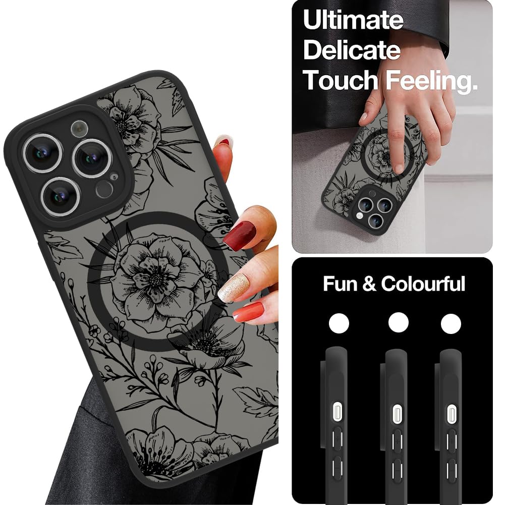 Ook Magnetic For Iphone 13 Pro Case Black Flower Floral Pattern [Compatible With Magsafe] Slim Translucent Matte Camera Lens Pro