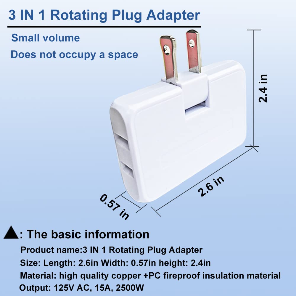 3 Pack Ac Flat Wall Outlet Extender,3 Way 2 Prong180 Degree Portable Swivel Wall Tap Plug,Ultra Thin Folding Electrical Outlet S