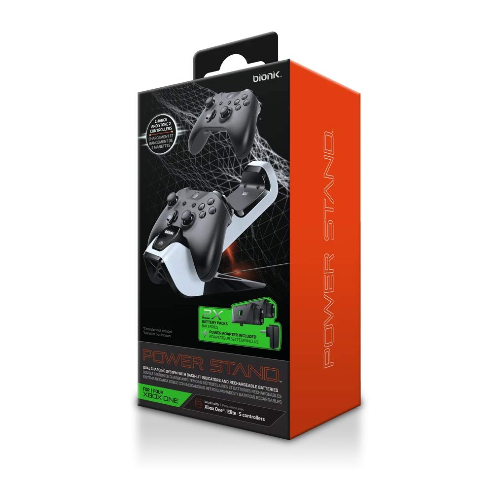 Bionik Power Stand Xbox Controller Charger Station: Store And Fast Charge 2 Wireless Xbox One/S/Elite Controllers, Power Adapter