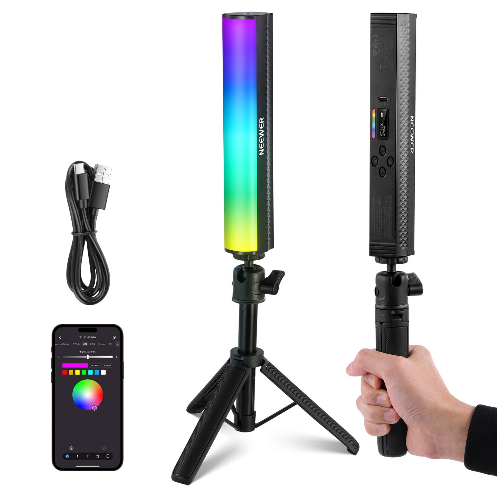 NEEWER RGB Light Wand with Desk Tripod, APP Control Magnetic Handheld Photography Video Lighting Stick, 2500K-8500K Dimmable CRI
