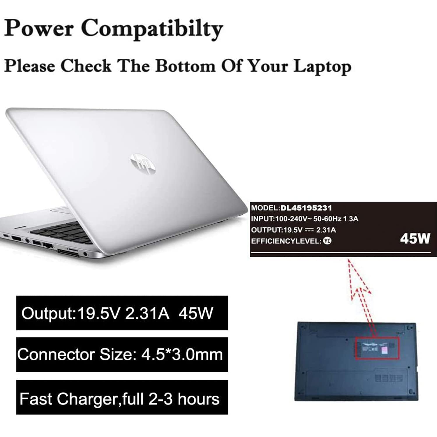 45W 19.5V 2.31A Laptop Charger Replacement For Hp Stream 11 13 14,Hp Pavilion X360, Hp Elitebook Folio, Hp Spectre X360, Hp Pavi