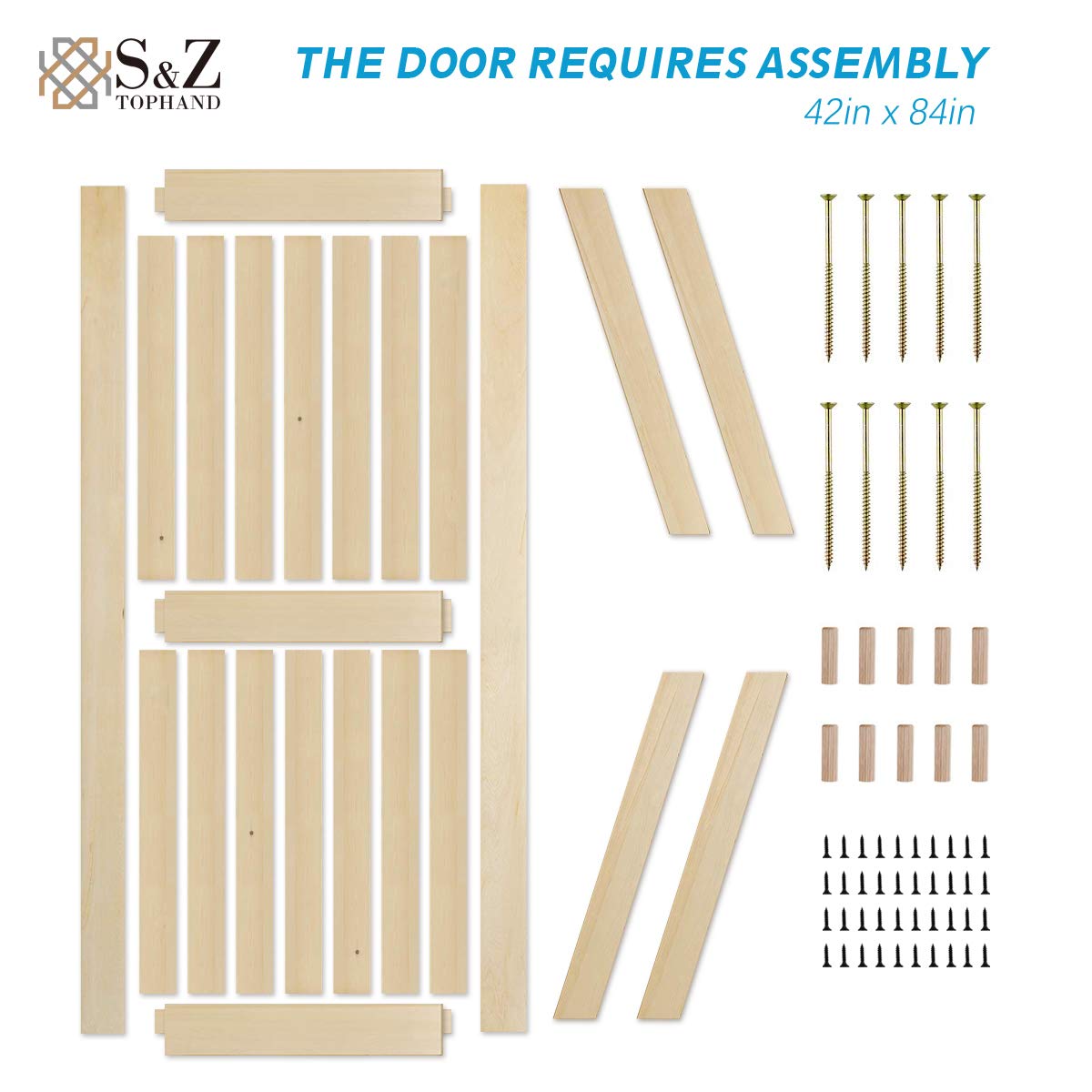 S&Z Tophand 42 In. X 84 In. Unfinished British Brace Knotty Barn Door With 8Ft Sliding Door Hardware Kit/Solid Wood/Sliding Door