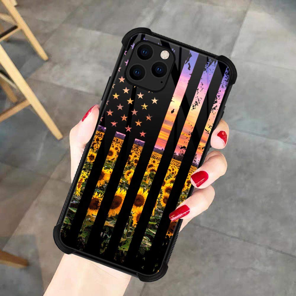 Zhegailian Case Compatible With Iphone 12,Flag Sunflowers Pattern Anti Scratch 12 Pro Cases For Girls Women,Four Corners Desgin
