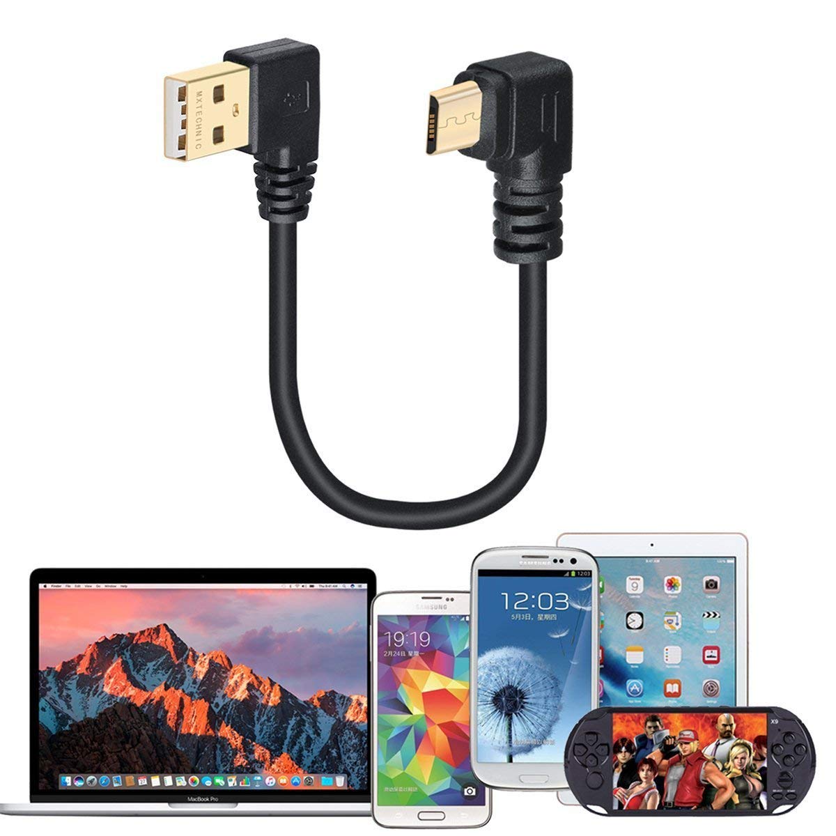 Mxtechnic Micro Usb Data Cable 5.9 Inch 90 Degree Left Angle Nickel Plated Short Usb 2.0 A Male 4 Pin To Left Angle Micro B 5 Pin For Syncing Charging Smartphones,Gps,External Hard Drives (3 Pack)