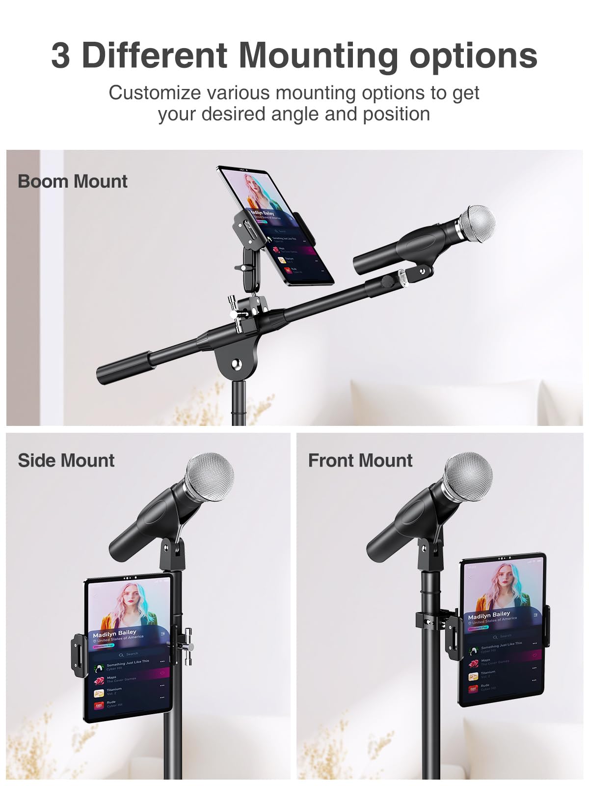 Elitehood 2024 Newest Dual Ball Head Aluminum Tablet Holder For Mic Stand, Adjustable Ipad Mic Stand Holder, Side Mount Microphone Music Stand Phone Holder Mount For Ipad, Iphone,4, 7  12.9In Tablets