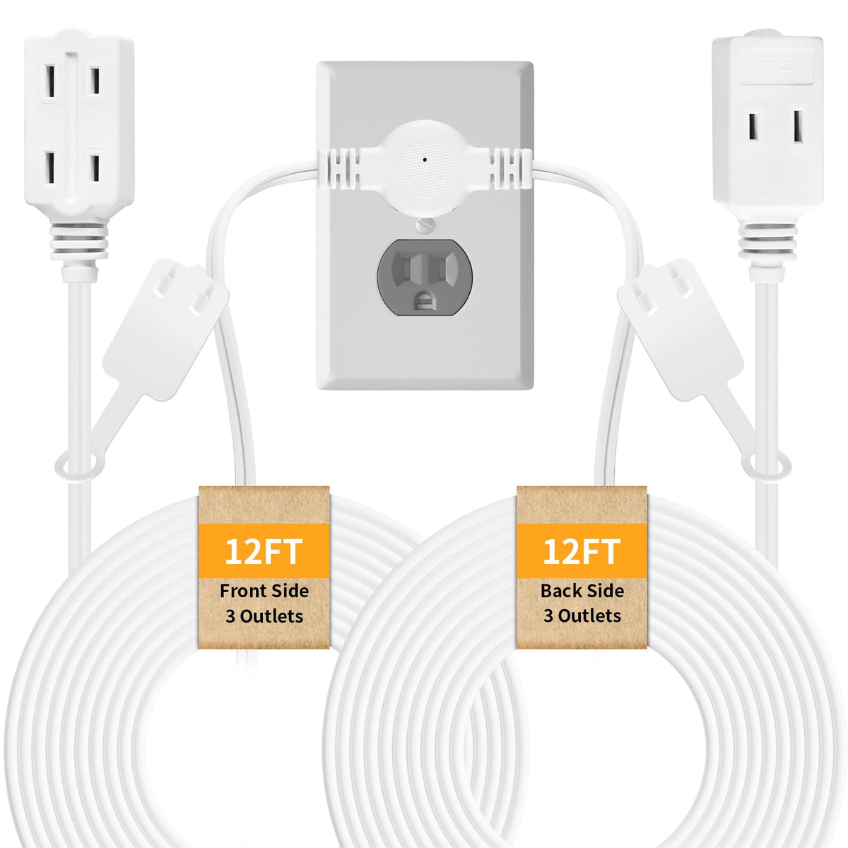 Makevivi Twin Extension Cord, 24 Ft Flat Wall Plug, 12 Feet On Each Side, 2 Prong Power Strip With 6 Outlets, Double Extension C