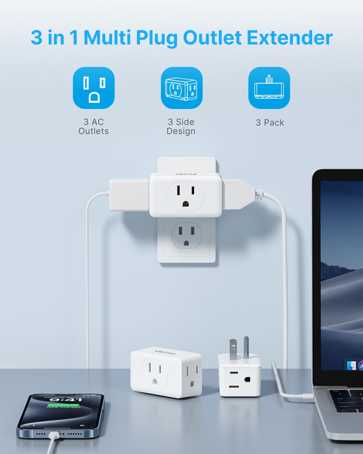 Multi Plug Outlet Extender, Vintar 3 Outlet Adapter, Multiple Outlet Splitter, Grounded Wall Tap Adapter, Power Plug Expander Fo