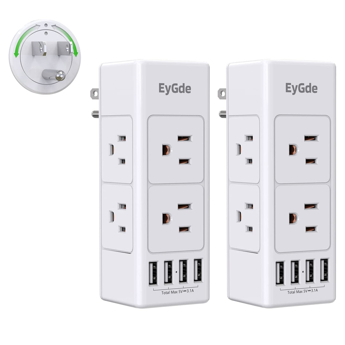 (2 Pack) Multi Plug Outlet Extender, Eygde Outlet Splitter With Rotating Plug, 6 Wall Outlet Widely Space (3 Side) And 4 Usb Por
