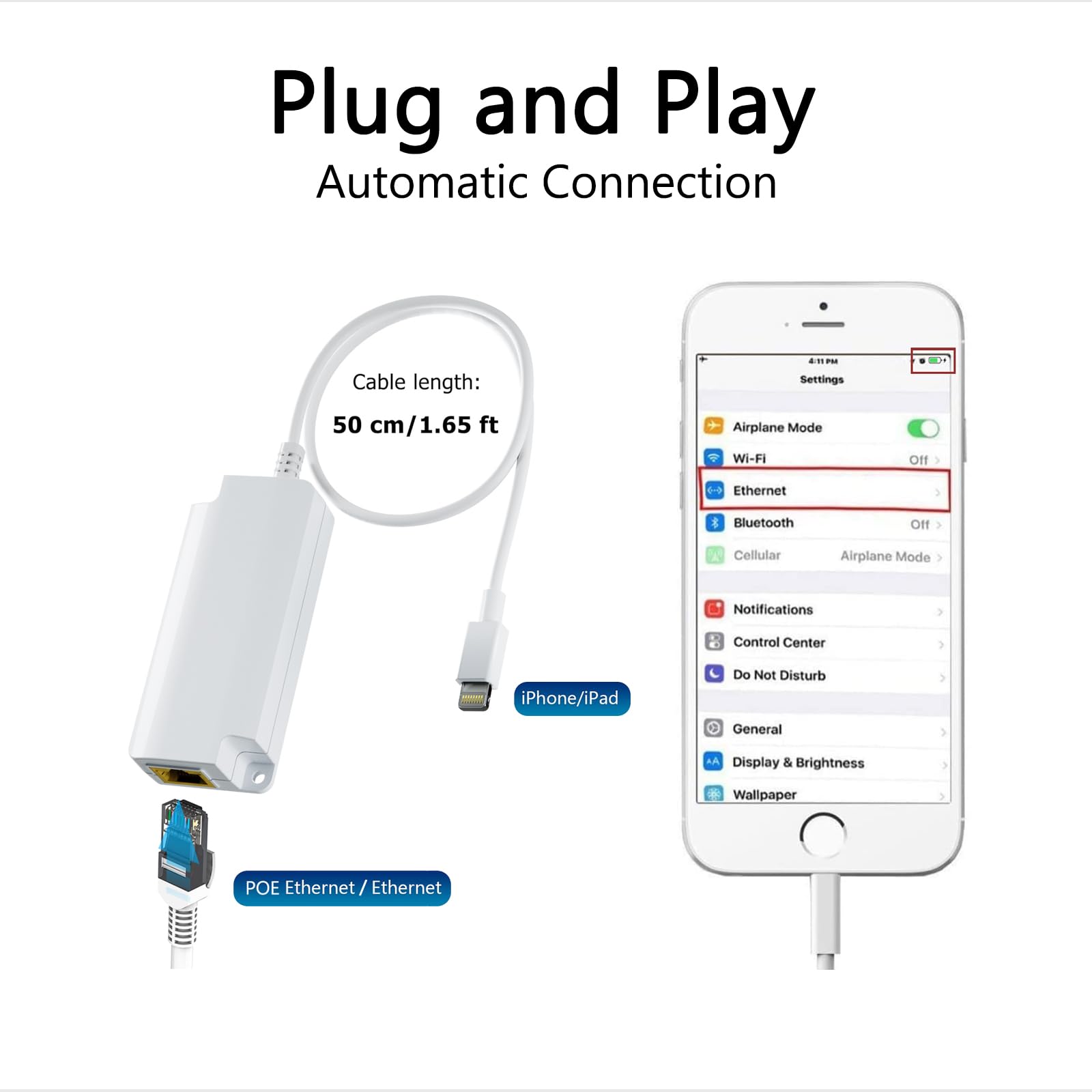 Lightning To Ethernet Adapter Supports All Ios, Poe To Lightning Adapter With 10W Charging For Ipad/Iphone/Ipod, Power & Data 2