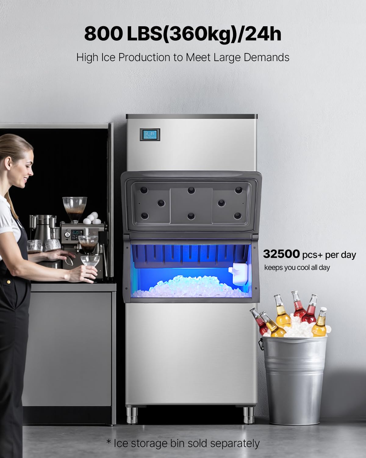 Vevor Commercial Ice Maker Machine-Head 800 Lbs/24 H, 26 Inch Stainless Steel Industrial Ice Machine, Self-Cleaning And Schedule