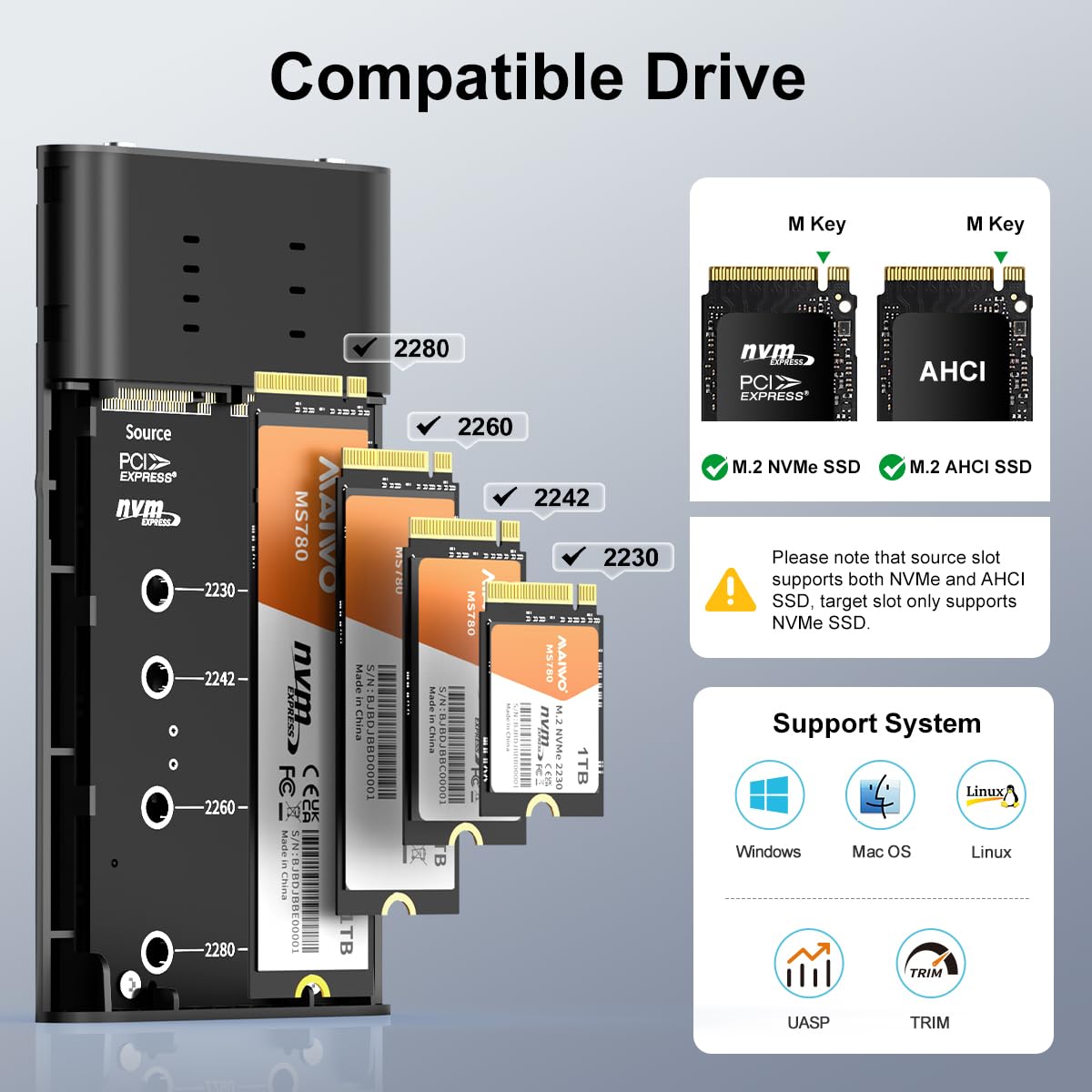 Maiwo Nvme Cloner M.2 Ssd Duplicator, Dual Bay Nvme Enclosure With Offline Clone, 20Gbps Usb 3.2 Gen 2X2 Type C To M.2 Pcie Nvme M Key Ssd Adapter Reader, 8Tb Capacity