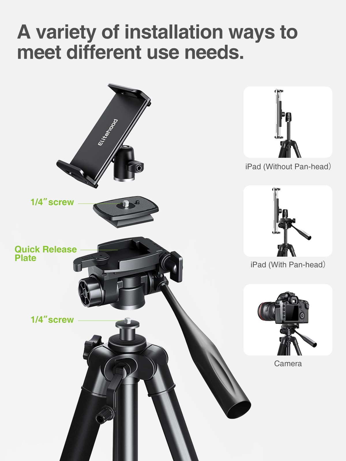 Elitehood 68 Heavy Duty iPad Tripod - Ultra-Stable Stand for iPad Pro 12.9, Tablets & DSLR, Perfect for Video Recording & Photography, Black