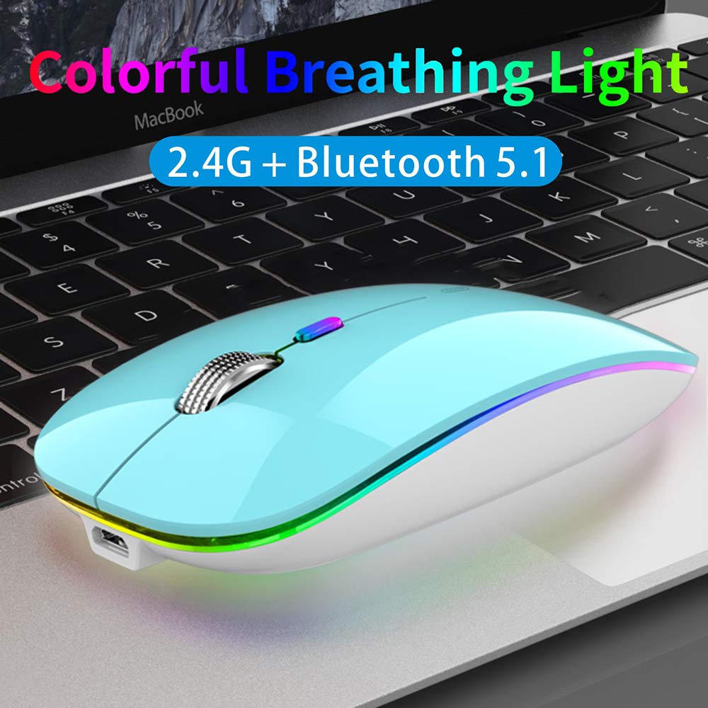 Tenmos Wireless Bluetooth Mouse, Led Slim (Bluetooth 5.1 + Usb) 2.4Ghz Rechargeable Silent Bluetooth Wireless Mouse With Type C Adapter For Laptop/Macbook/Ipad Os 13 And Above (Blue)