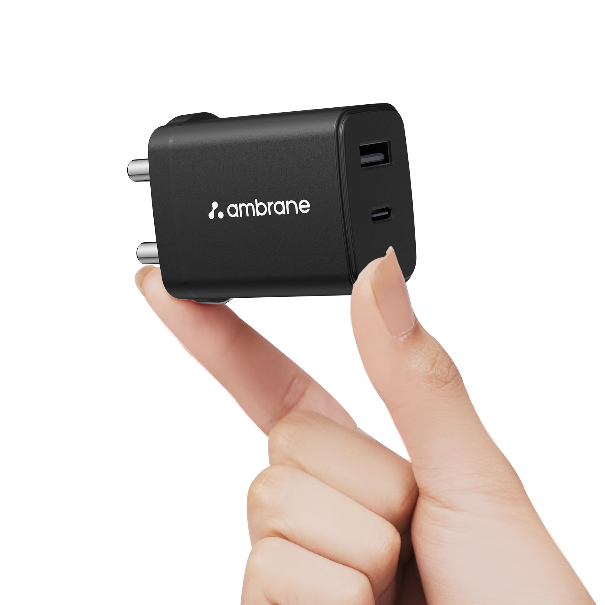 Ambrane 30W Dual Port GaN Charger, USB & Type C Port with QC & PD Technology, Fast Charging Compatible with iPhone, iPad, Google