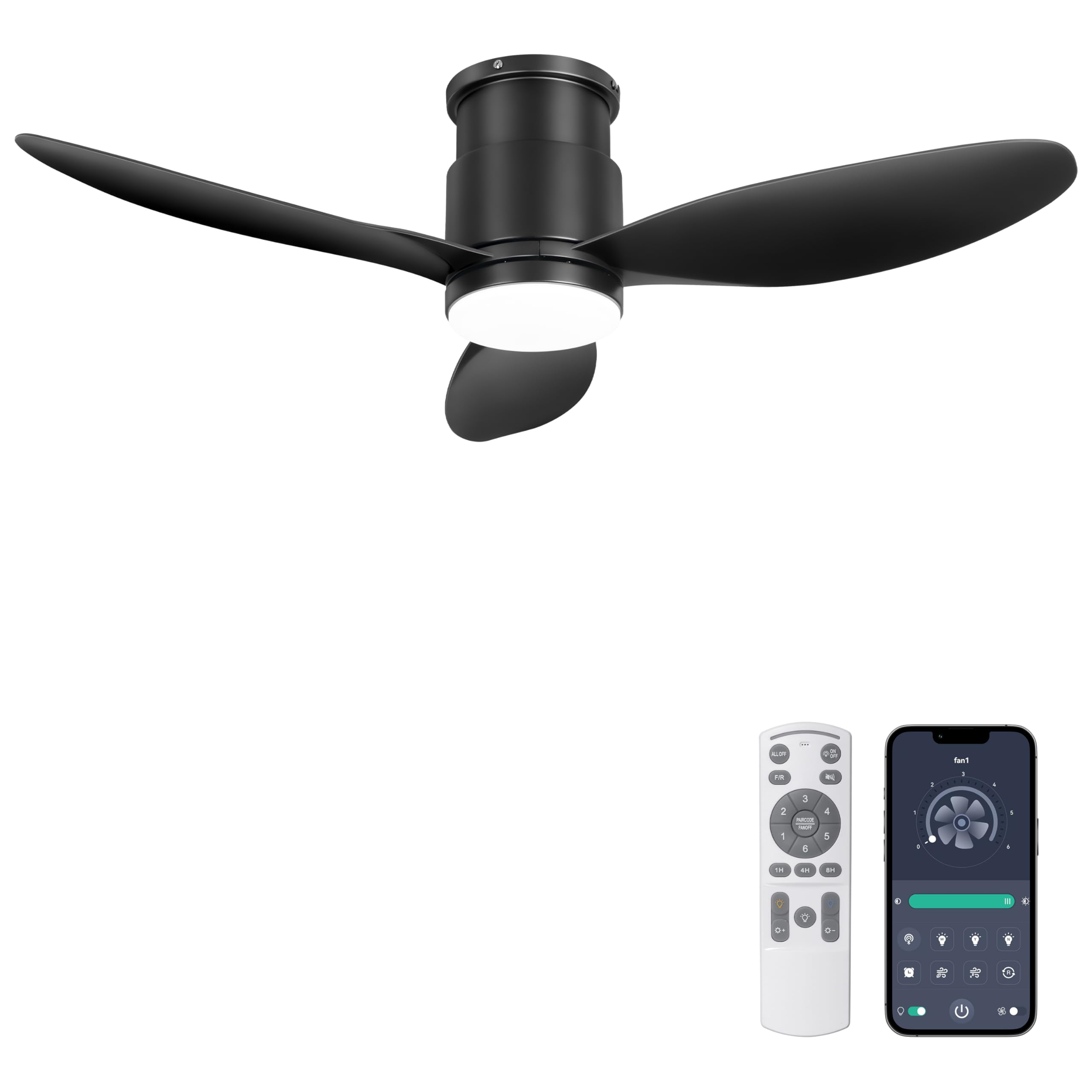 Ohniyou 42 Flush Mount Ceiling Fans with Lights, Remote/App Control, Dimmable, Quiet Indoor/Outdoor Ceiling Fan for Covered Pa