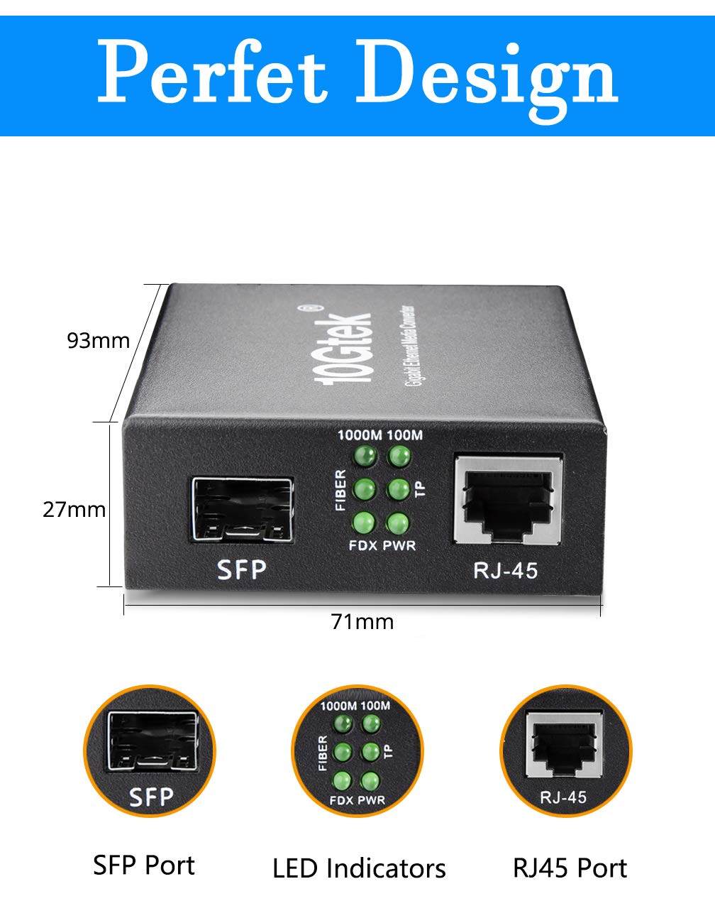 Fiber To Ethernet Media Converter, Gigabit Single Mode Sfp Lc Converter, 1000Base Lx To 10/100/1000M Rj45, Sfp To Rj45, Smf, 131