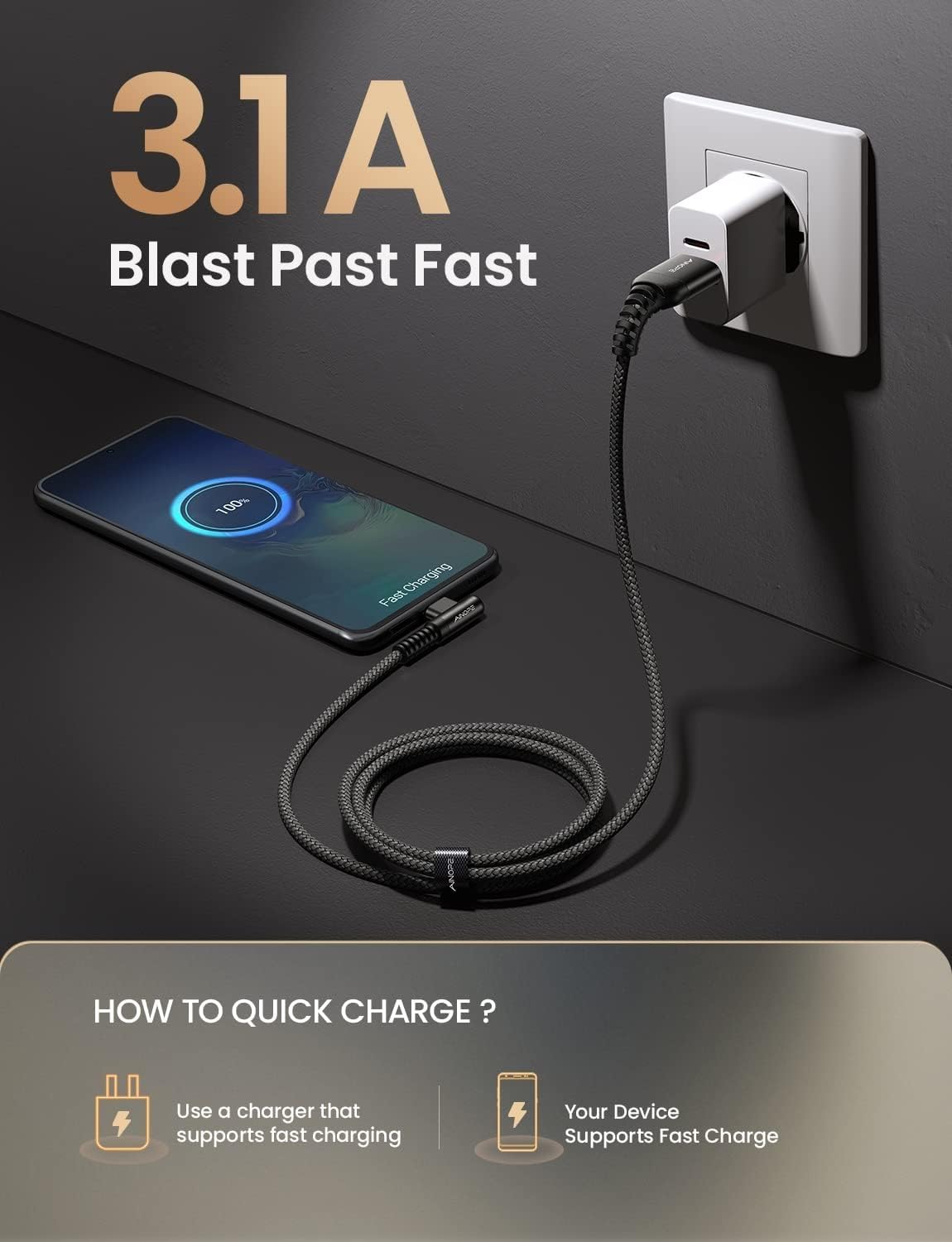 Ainope Right Angle Usb Type C Cable [3 Pack 3.3Ft/6.6Ft/10Ft] 3.1A Fast Charging Usb To Usb C Cable, Nylon Braided Usb C Chargin