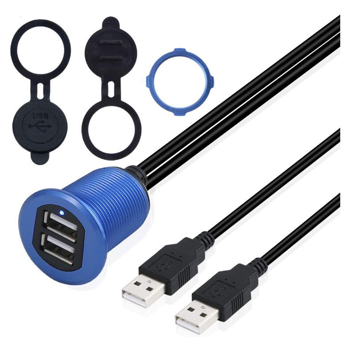 Kework Metal Dual Usb 2.0 Ports Mount With Light, 3.3Ft 2 Ports Usb Male To 2 Ports Female Flush Mount Panel Mount Extension Aux