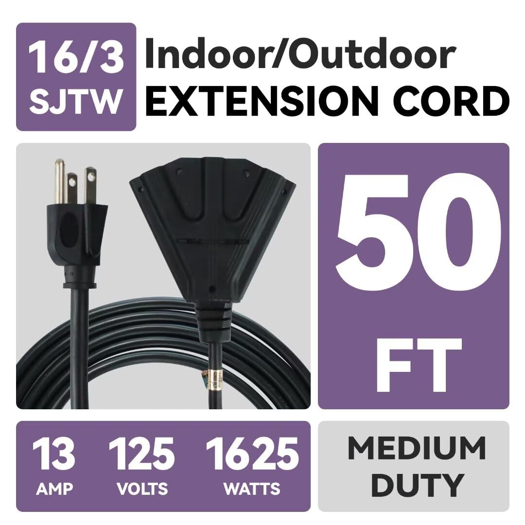 Greatide 50 Ft Outdoor Extension Cord With 3 Electrical Power Outlets   16/3 Sjtw Black Cable With 3 Prong Grounded Plug