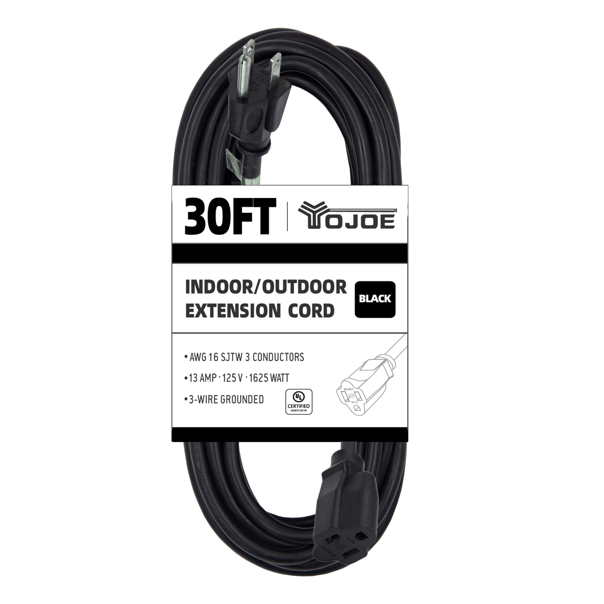 Yojoe Indoor Outdoor Extension Cord, 3 Prong 13A Weatherproof Power Extension Cord, 16 Gauge Heavy Duty 30 Ft Black Extension Co