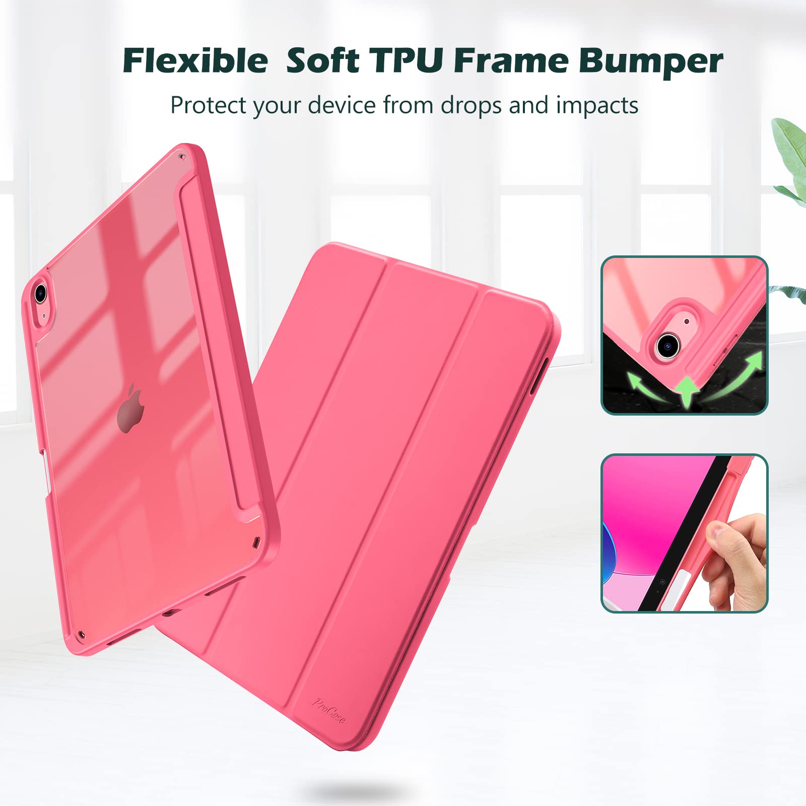 Procase For Ipad (A16) 11Th Generation 11 Inch 2025/10Th Generation 10.9 Inch 2022 Case With Pencil Holder, Hybrid Ipad 11 10 Case With Clear Back, Supports Auto Wake/Sleep  Pink